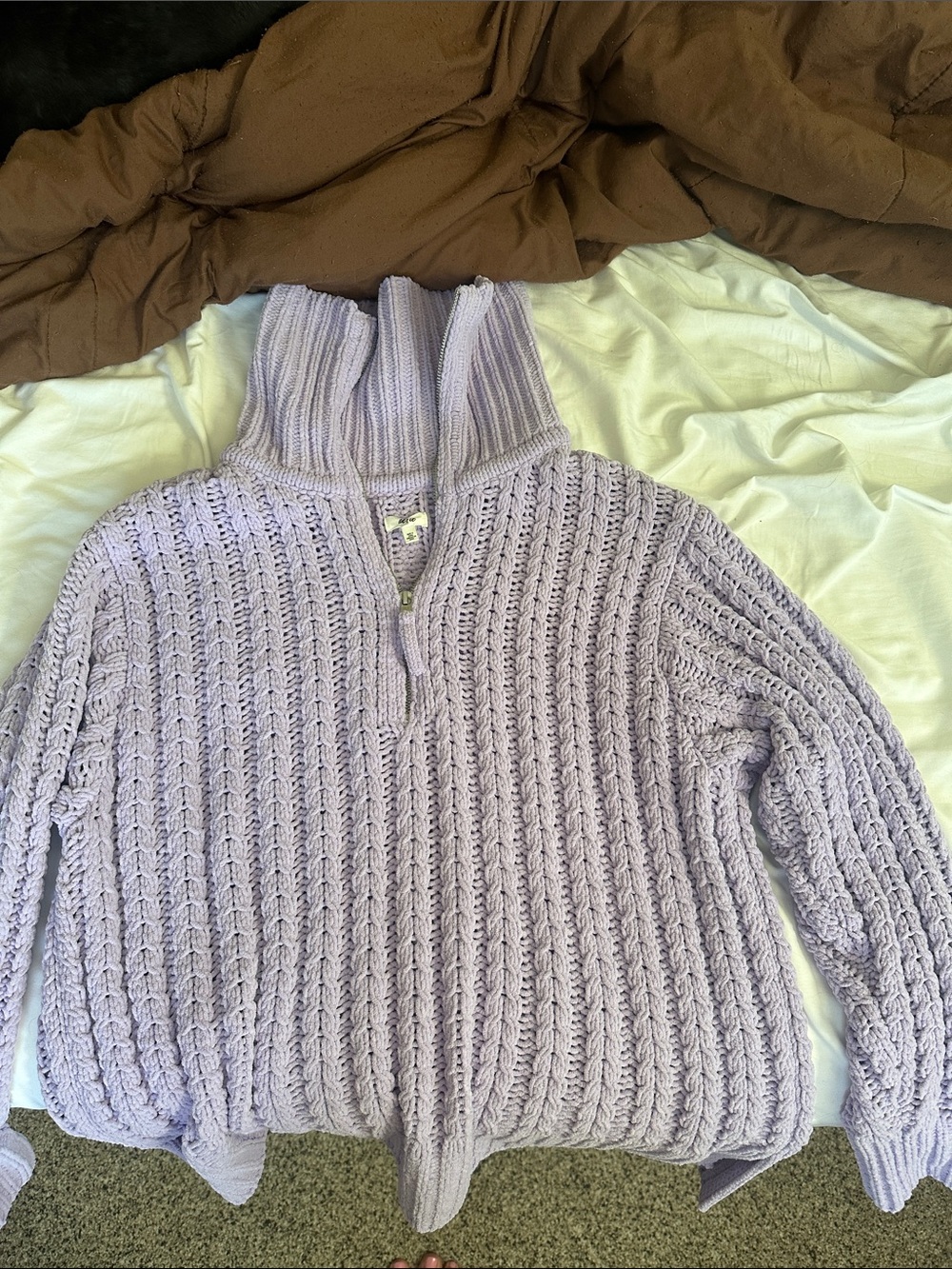 Lilac Cable Knit Half-Zip Turtleneck Sweater